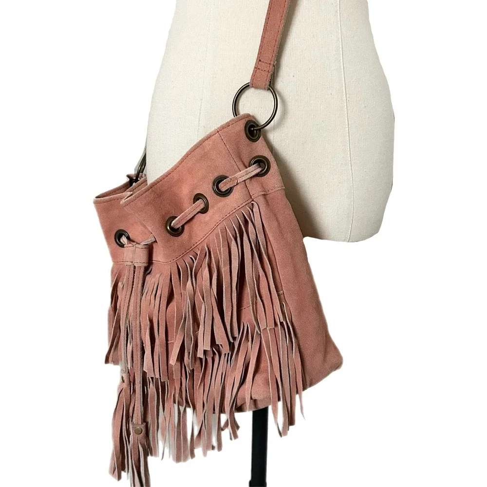 Fringe Suede Crossbody Bag 100% Cow Leather Dusty Pink Mauve Small Tassel Boho